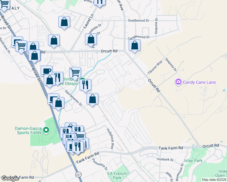 map of restaurants, bars, coffee shops, grocery stores, and more near 3584 Bullock Ln in San Luis Obispo