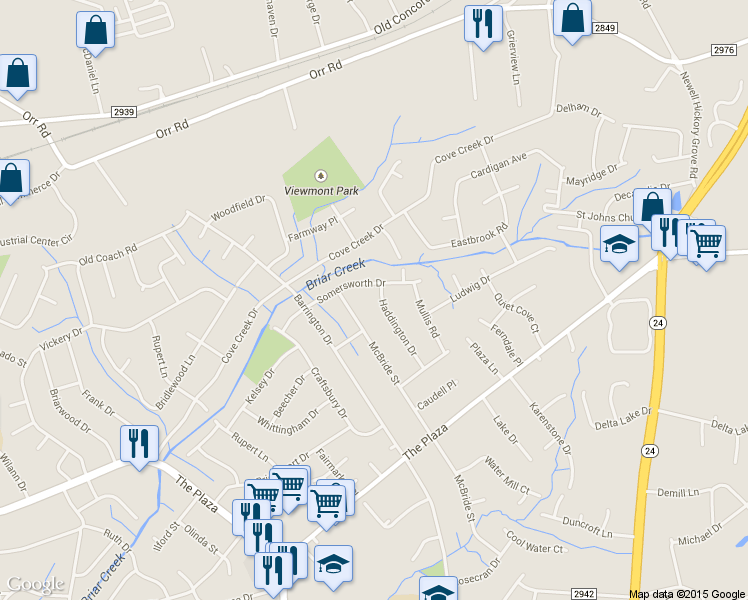 map of restaurants, bars, coffee shops, grocery stores, and more near 6701 Somersworth Drive in Charlotte