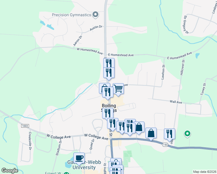map of restaurants, bars, coffee shops, grocery stores, and more near 307 State Road 1161 in Shelby