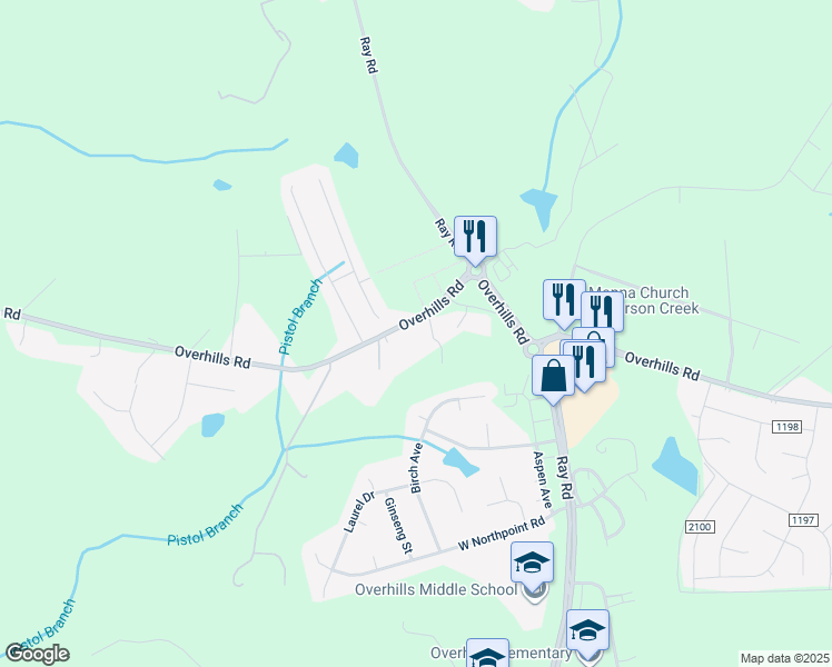 map of restaurants, bars, coffee shops, grocery stores, and more near 7197 Overhills Road in Spring Lake