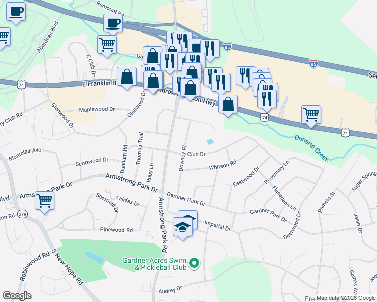map of restaurants, bars, coffee shops, grocery stores, and more near 338 Downey Place in Gastonia