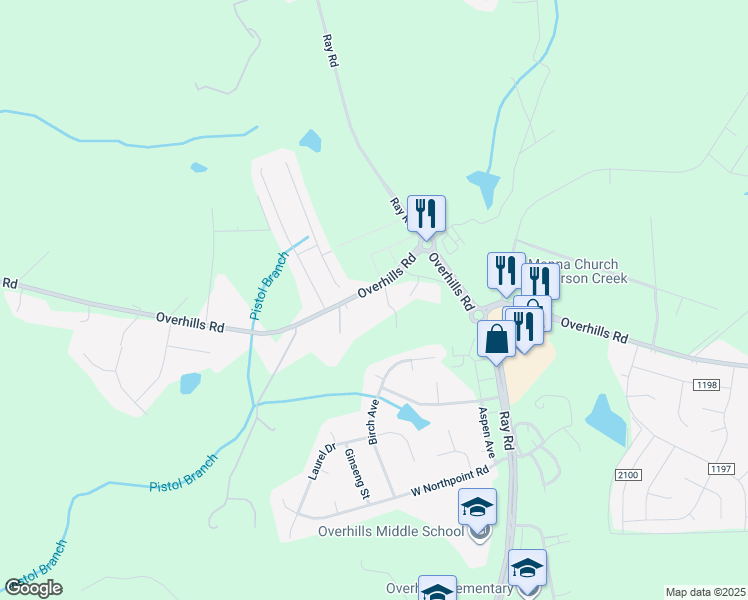 map of restaurants, bars, coffee shops, grocery stores, and more near 7197 Overhills Road in Spring Lake