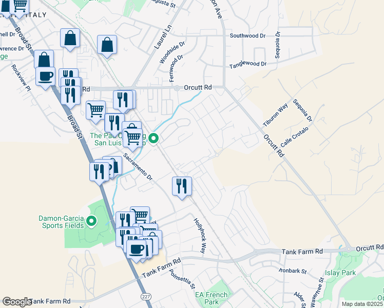 map of restaurants, bars, coffee shops, grocery stores, and more near 3584 Bullock Lane in San Luis Obispo