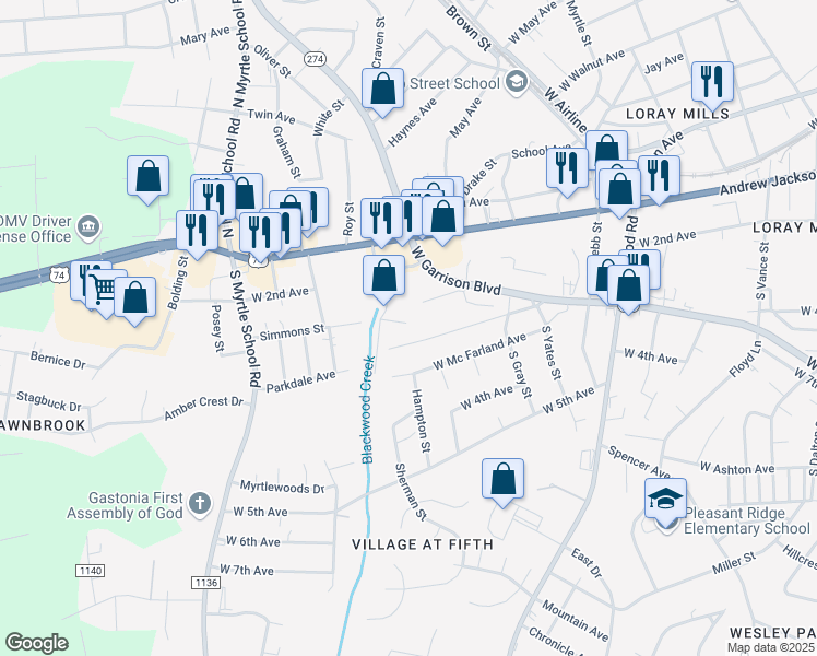 map of restaurants, bars, coffee shops, grocery stores, and more near 1833 Adams Avenue in Gastonia