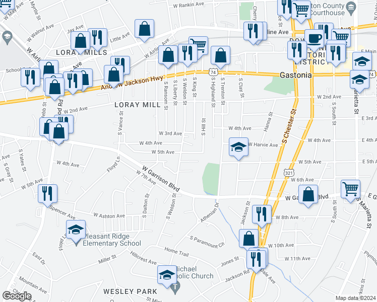 map of restaurants, bars, coffee shops, grocery stores, and more near 486 South Weldon Street in Gastonia