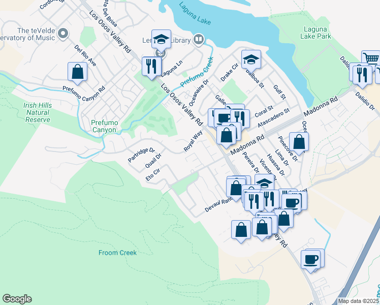 map of restaurants, bars, coffee shops, grocery stores, and more near 1527 Royal Way in San Luis Obispo
