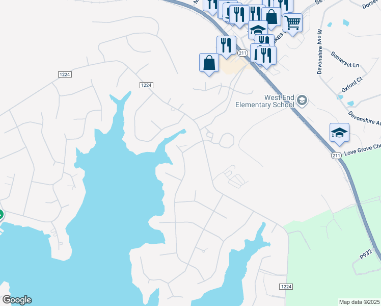 map of restaurants, bars, coffee shops, grocery stores, and more near 105 Otter Drive in West End