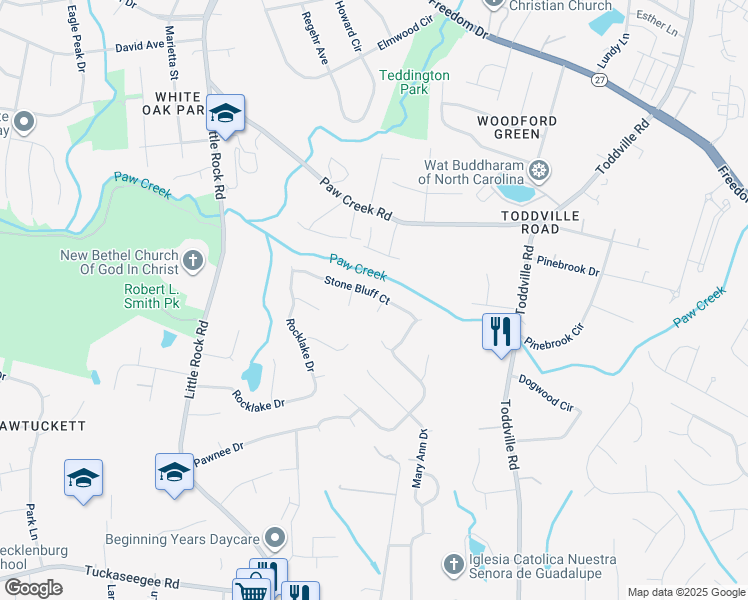 map of restaurants, bars, coffee shops, grocery stores, and more near 5609 Stone Bluff Court in Charlotte