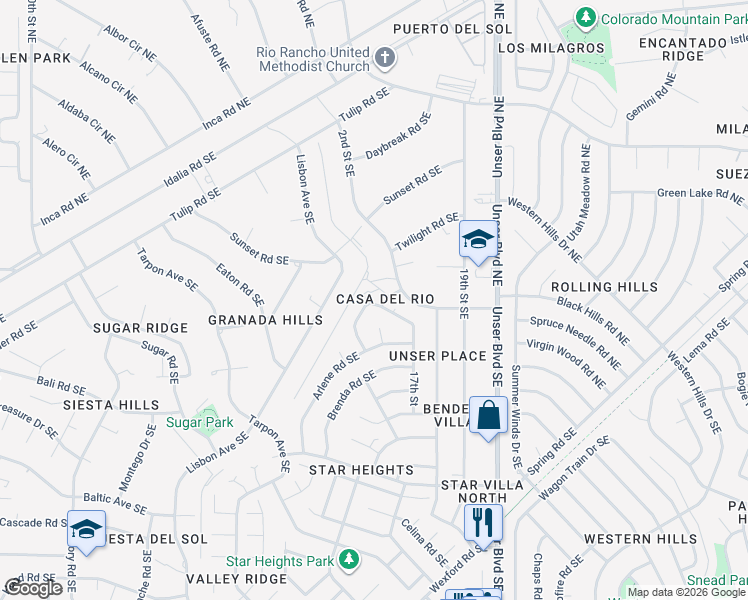 map of restaurants, bars, coffee shops, grocery stores, and more near 65 Darlene Road Southeast in Rio Rancho