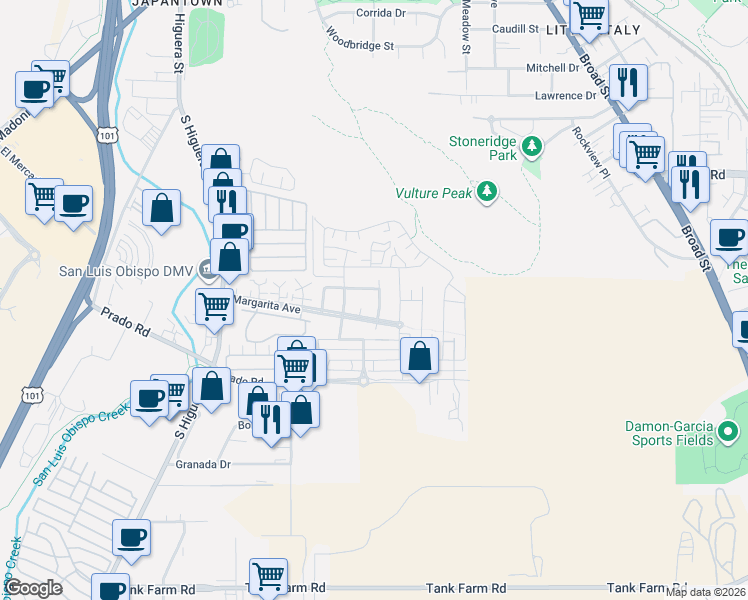 map of restaurants, bars, coffee shops, grocery stores, and more near 3105 Calle Jazmin in San Luis Obispo