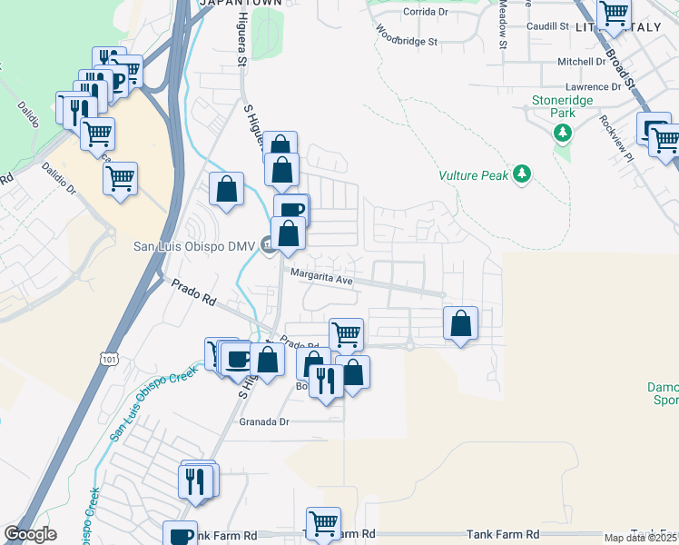 map of restaurants, bars, coffee shops, grocery stores, and more near 3135 Camellia Court in San Luis Obispo