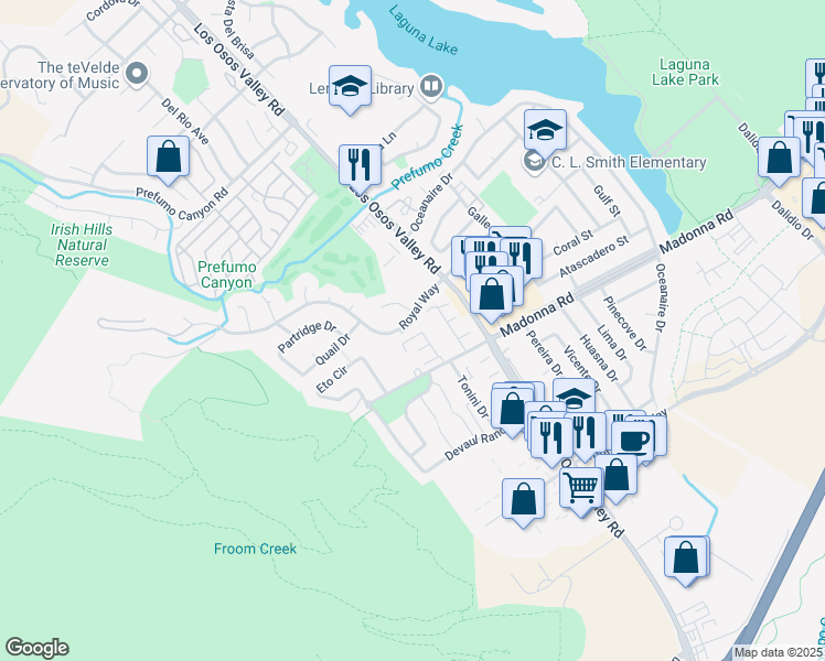 map of restaurants, bars, coffee shops, grocery stores, and more near 1545 Cucaracha Court in San Luis Obispo