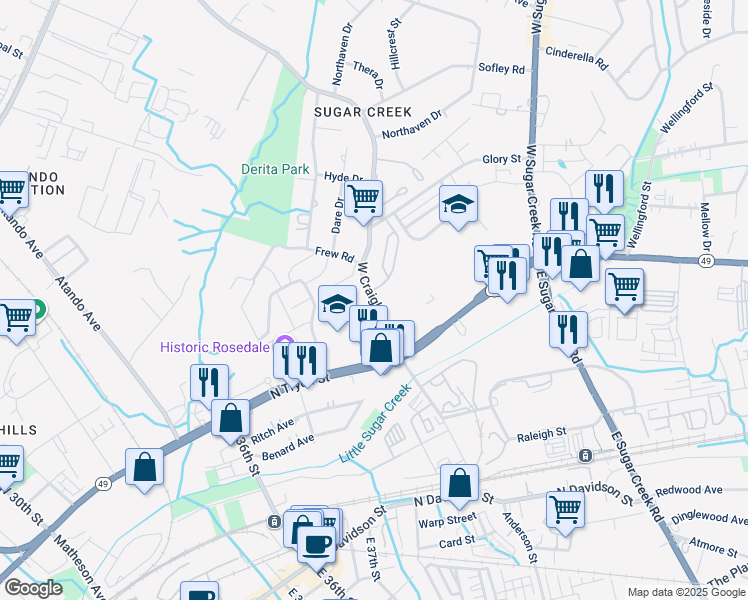 map of restaurants, bars, coffee shops, grocery stores, and more near 3805 Tiffany Rose Place in Charlotte