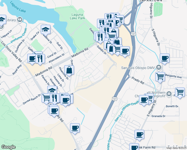map of restaurants, bars, coffee shops, grocery stores, and more near 932 Legacy Lane in San Luis Obispo