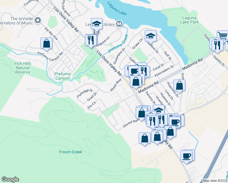 map of restaurants, bars, coffee shops, grocery stores, and more near 1527 Royal Way in San Luis Obispo