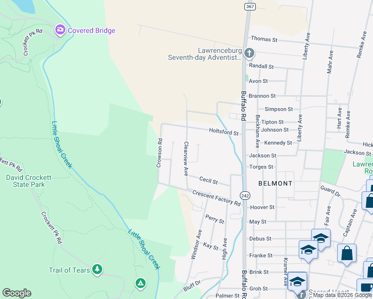 map of restaurants, bars, coffee shops, grocery stores, and more near 1113 Clearview Avenue in Lawrenceburg