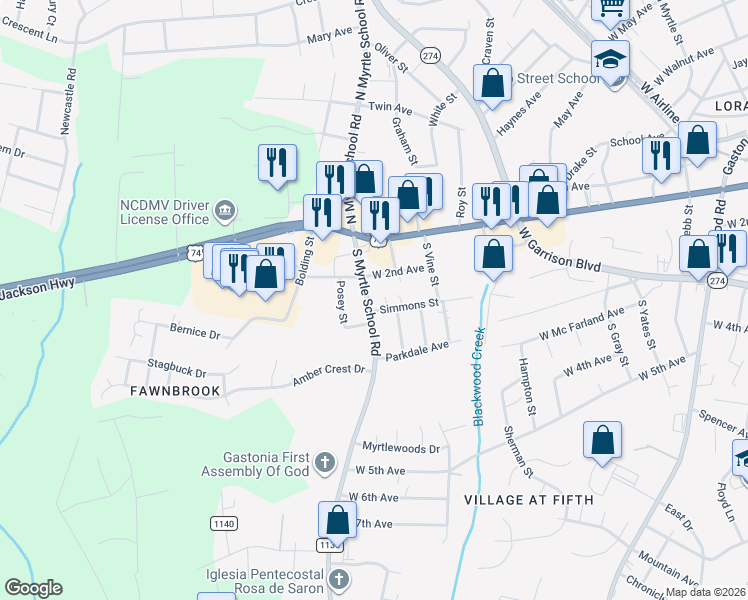 map of restaurants, bars, coffee shops, grocery stores, and more near 302 South Myrtle School Road in Gastonia
