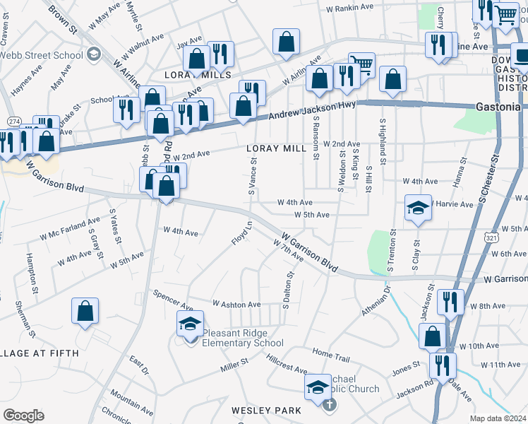 map of restaurants, bars, coffee shops, grocery stores, and more near 1125 West 5th Avenue in Gastonia