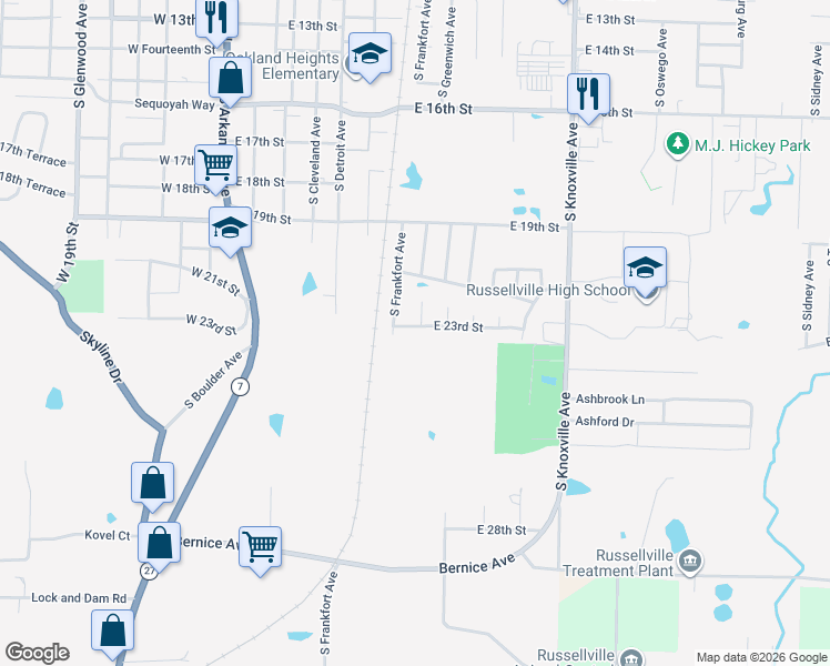 map of restaurants, bars, coffee shops, grocery stores, and more near 2211 South Frankfort Avenue in Russellville