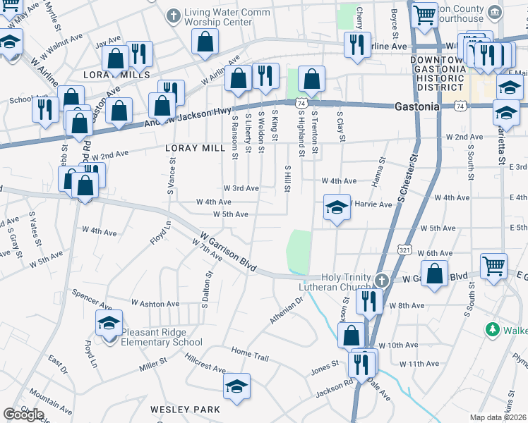 map of restaurants, bars, coffee shops, grocery stores, and more near 426 South Weldon Street in Gastonia