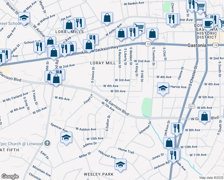 map of restaurants, bars, coffee shops, grocery stores, and more near 1104 West 5th Avenue in Gastonia