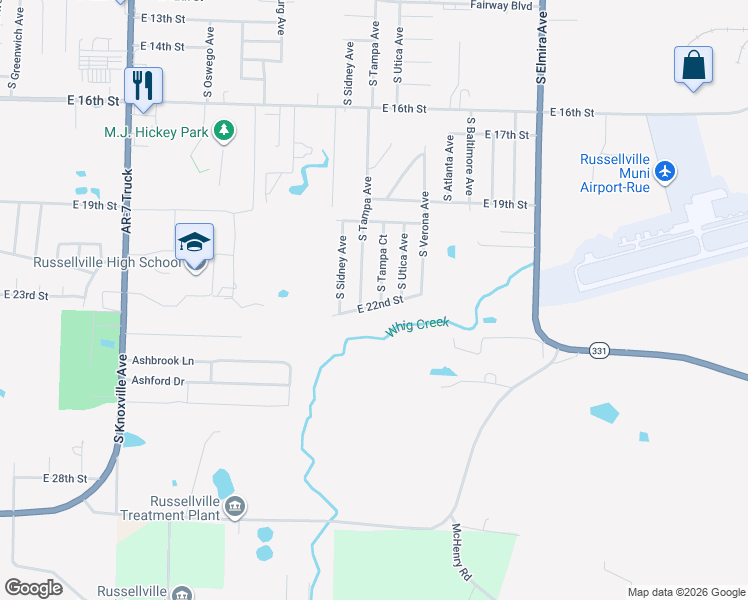 map of restaurants, bars, coffee shops, grocery stores, and more near 2112 South Tampa Avenue in Russellville