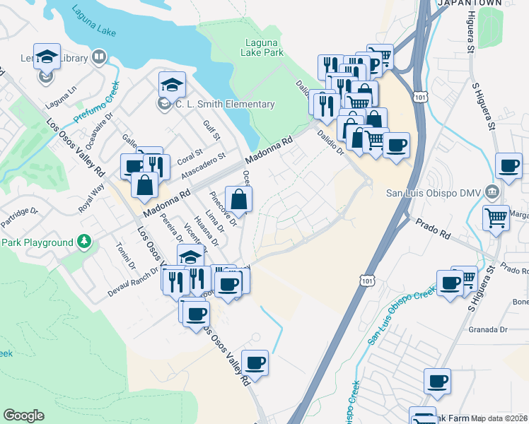 map of restaurants, bars, coffee shops, grocery stores, and more near 1052 Forest Street in San Luis Obispo