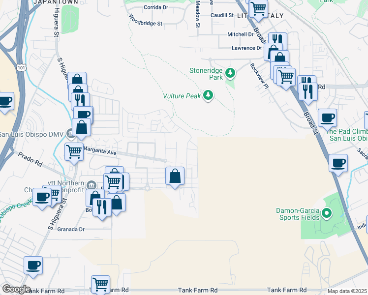 map of restaurants, bars, coffee shops, grocery stores, and more near 3190 Violet Street in San Luis Obispo