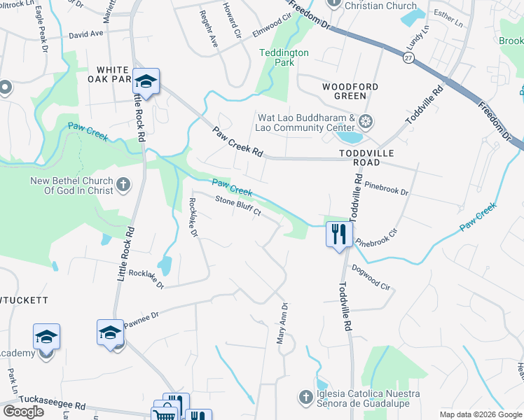 map of restaurants, bars, coffee shops, grocery stores, and more near 5540 Stone Bluff Court in Charlotte