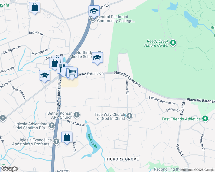 map of restaurants, bars, coffee shops, grocery stores, and more near 7716 The Plaza in Charlotte