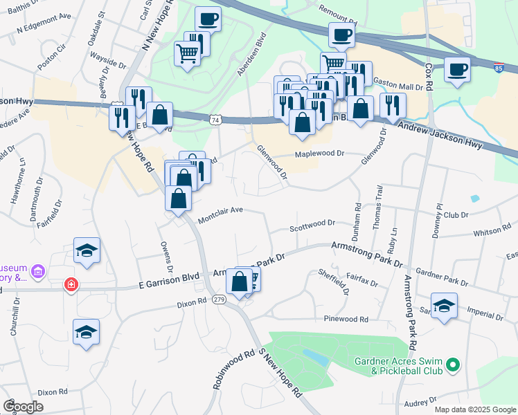 map of restaurants, bars, coffee shops, grocery stores, and more near 1844 Montclair Avenue in Gastonia