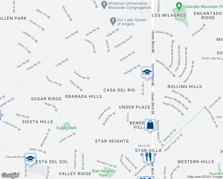 map of restaurants, bars, coffee shops, grocery stores, and more near 65 Darlene Road Southeast in Rio Rancho