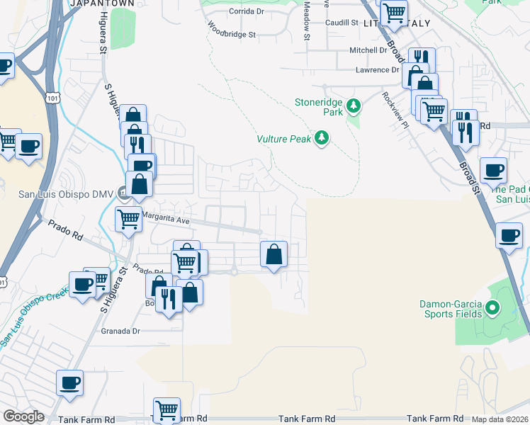 map of restaurants, bars, coffee shops, grocery stores, and more near 3173 Daisy Lane in San Luis Obispo