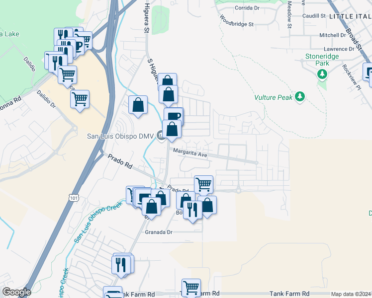 map of restaurants, bars, coffee shops, grocery stores, and more near 3140 Alicita Court in San Luis Obispo