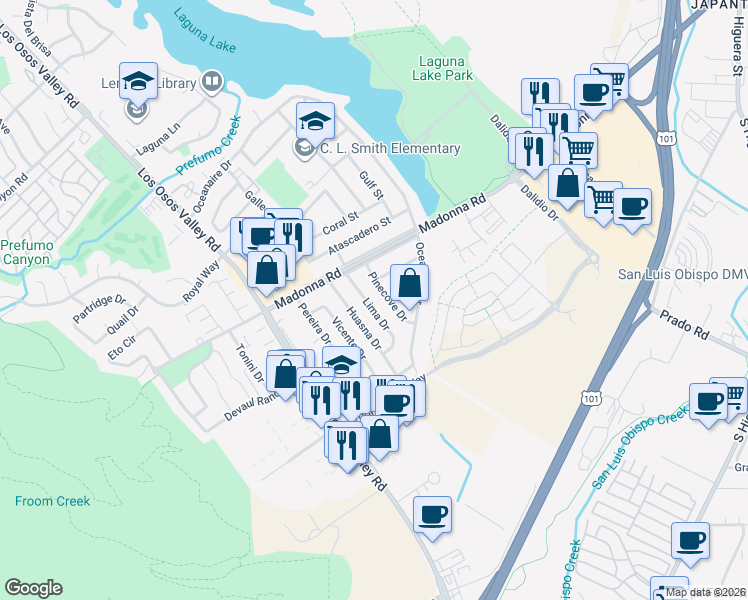 map of restaurants, bars, coffee shops, grocery stores, and more near 1734 Pinecove Drive in San Luis Obispo