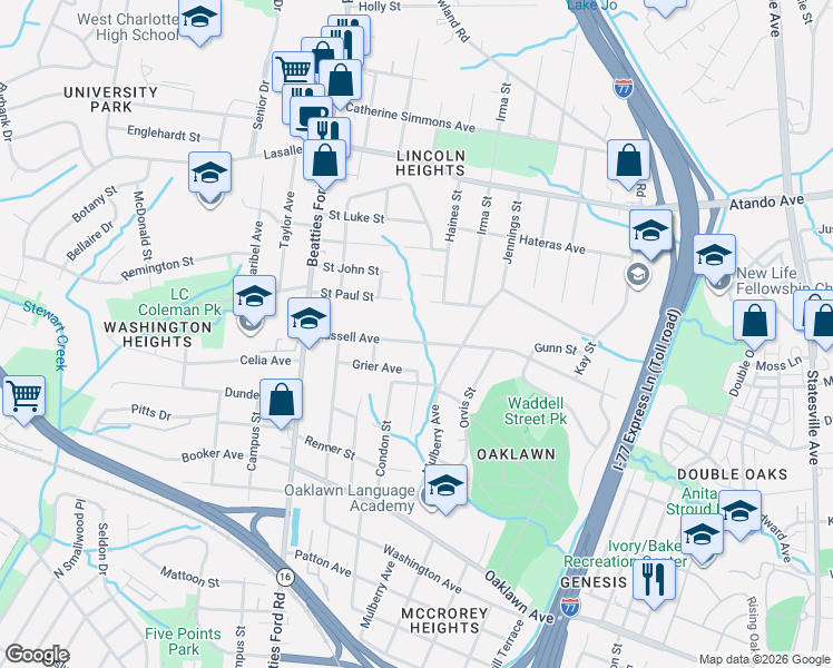 map of restaurants, bars, coffee shops, grocery stores, and more near 1921 Saint Paul Street in Charlotte