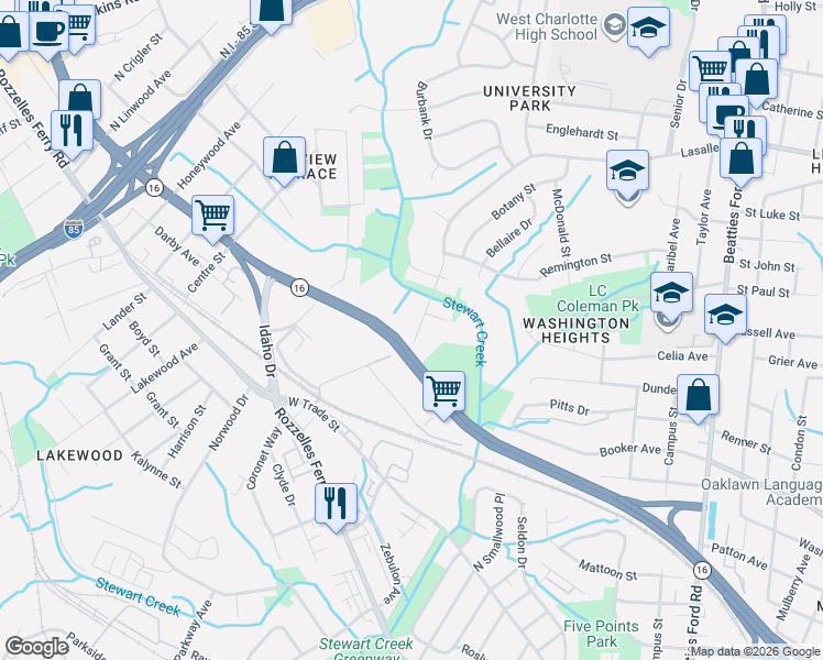 map of restaurants, bars, coffee shops, grocery stores, and more near 3208 Lasalle Street in Charlotte