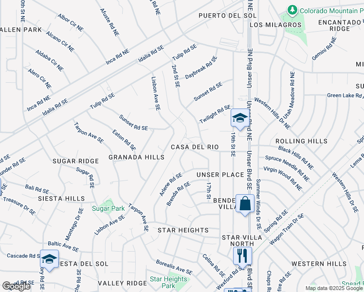 map of restaurants, bars, coffee shops, grocery stores, and more near 65 Darlene Road Southeast in Rio Rancho