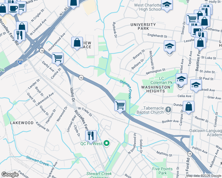 map of restaurants, bars, coffee shops, grocery stores, and more near 3208 Lasalle Street in Charlotte