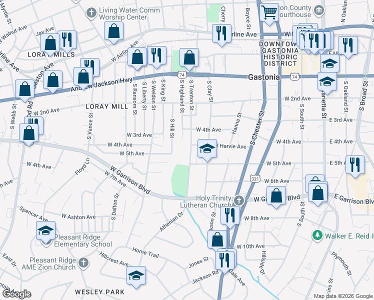 map of restaurants, bars, coffee shops, grocery stores, and more near 512 South Trenton Street in Gastonia