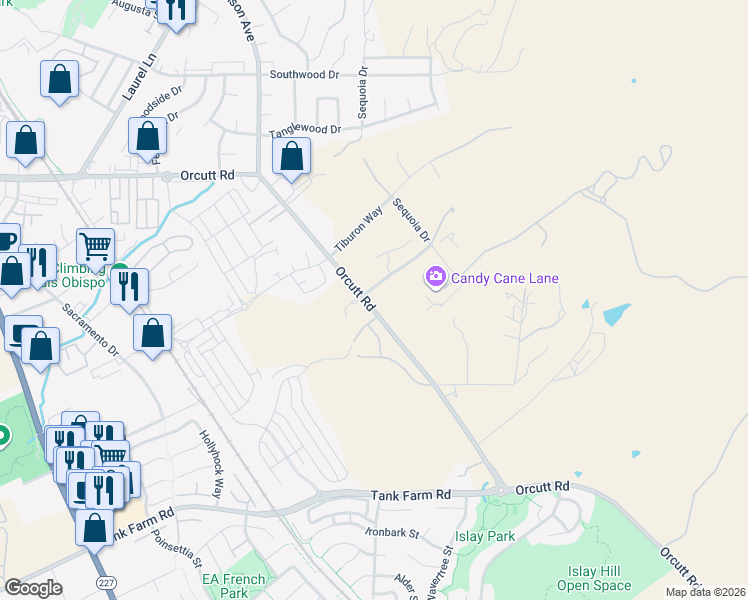 map of restaurants, bars, coffee shops, grocery stores, and more near Calle Crotalo in San Luis Obispo