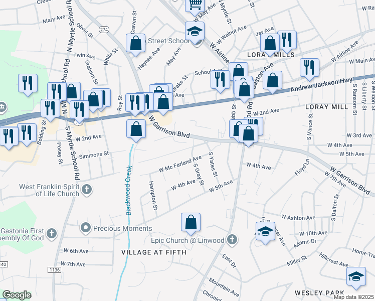 map of restaurants, bars, coffee shops, grocery stores, and more near 1708 Parkdale Avenue in Gastonia