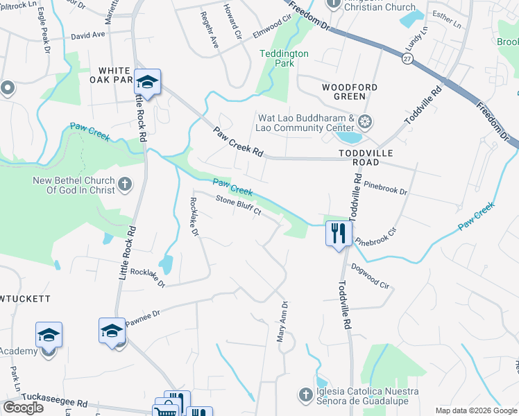 map of restaurants, bars, coffee shops, grocery stores, and more near 5540 Stone Bluff Court in Charlotte
