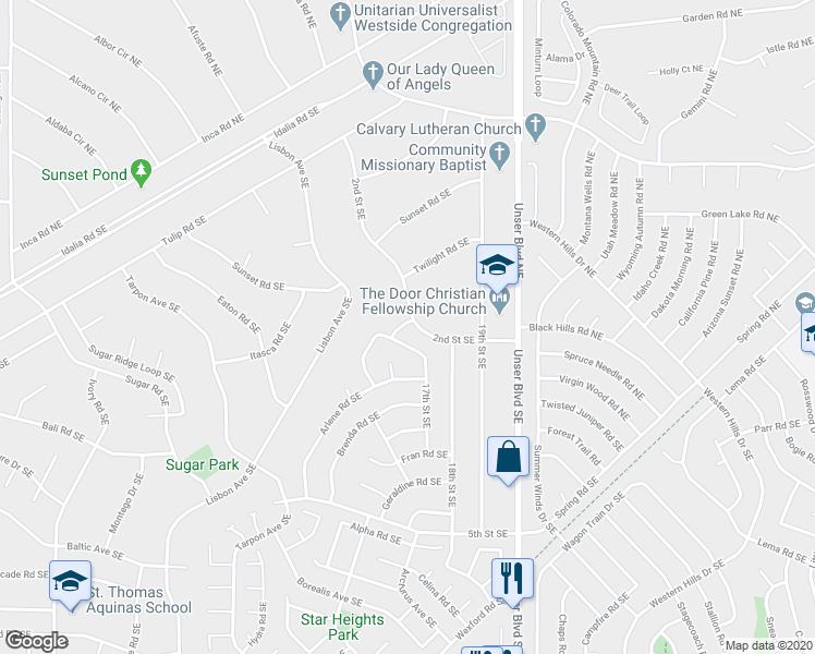 map of restaurants, bars, coffee shops, grocery stores, and more near 80 Eventide Road Southeast in Rio Rancho