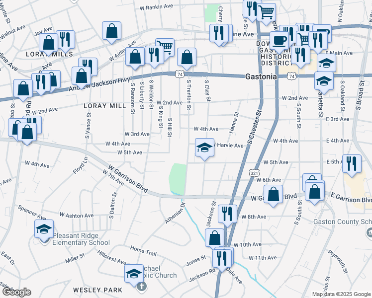 map of restaurants, bars, coffee shops, grocery stores, and more near 519 South Trenton Street in Gastonia