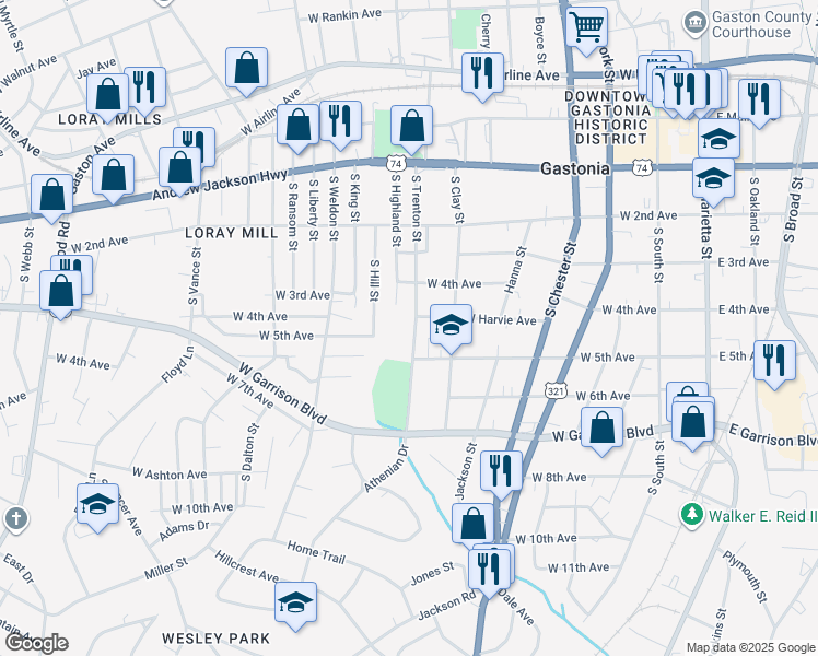 map of restaurants, bars, coffee shops, grocery stores, and more near 519 South Trenton Street in Gastonia