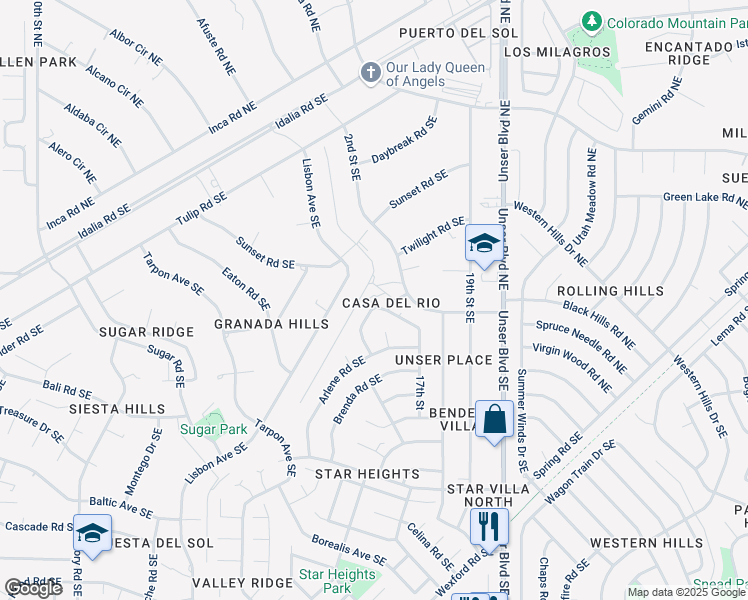 map of restaurants, bars, coffee shops, grocery stores, and more near 65 Darlene Road Southeast in Rio Rancho