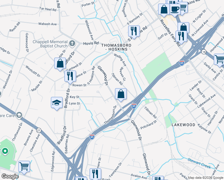map of restaurants, bars, coffee shops, grocery stores, and more near 4316 Glenwood Drive in Charlotte