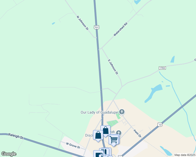 map of restaurants, bars, coffee shops, grocery stores, and more near 695 U.S. 701 Highway in Four Oaks