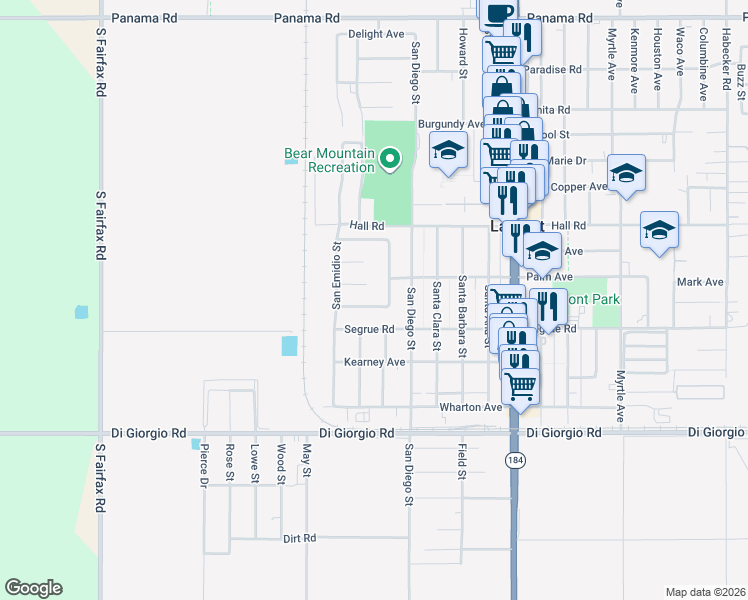 map of restaurants, bars, coffee shops, grocery stores, and more near 10704 San Gorgonio Street in Lamont